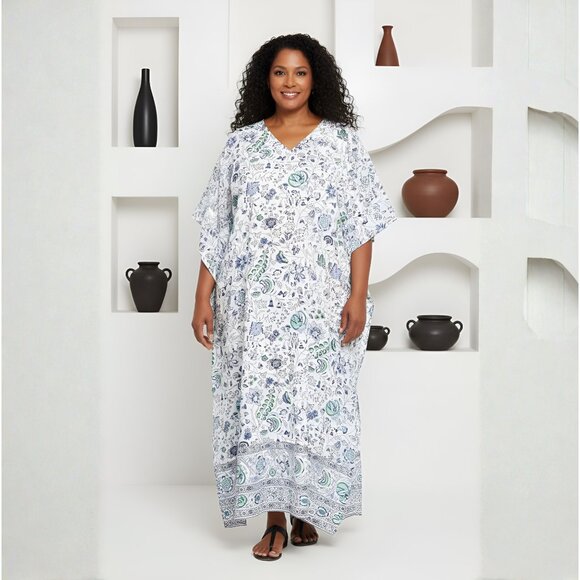 Women Plus Size Fit and Flare Floral Printed White Kaftan Dress by Gypsie Blu - Picture 1 of 9